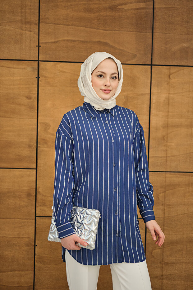 Kadın Çizgili Basic Gömlek Lacivert - 3