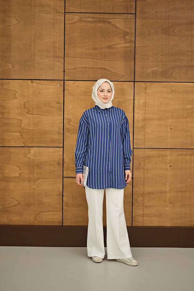 Kadın Çizgili Basic Gömlek Lacivert - 2