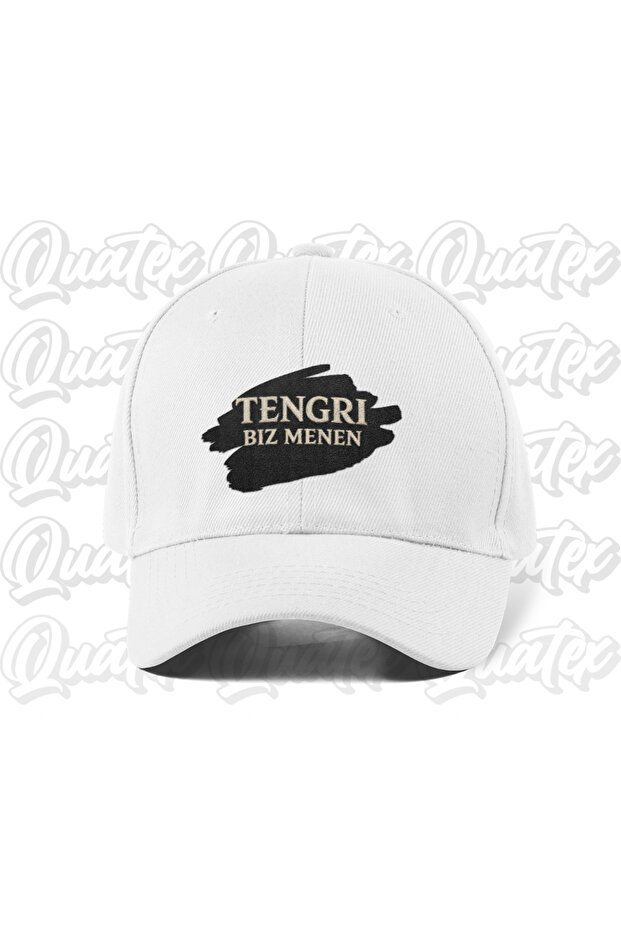 Tengri Biz Menen Embroidered Turkish Hat - White Color 100% Cotton Gabardine Unisex Model Hat