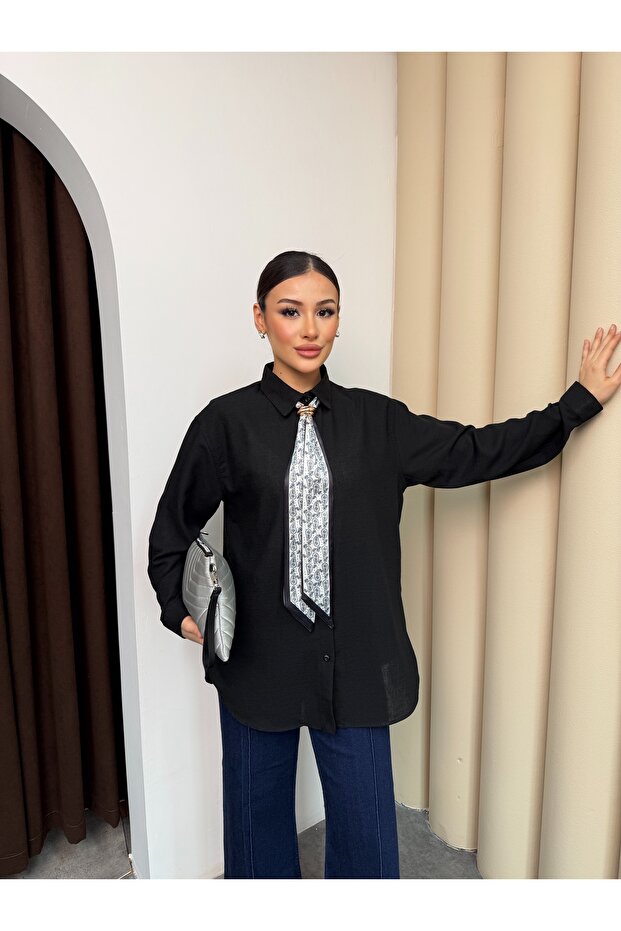 Textured Shirt with Collar Accessories and Scarf Detail 9003 - Black