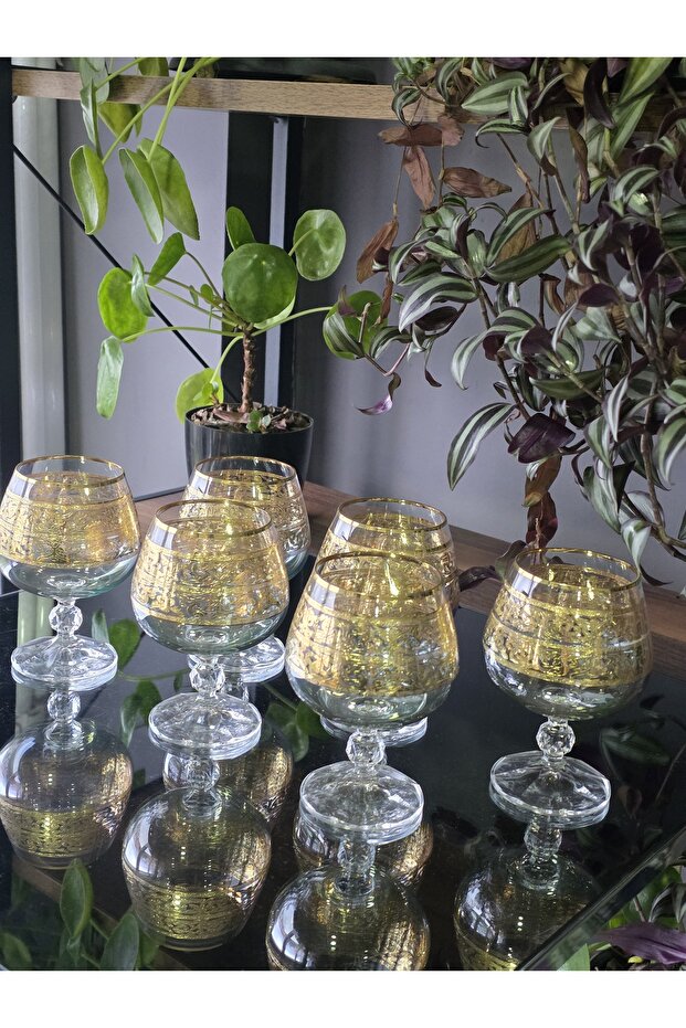 Handmade Crystal Alda Green Lustered 24K Gold Engraved 6-Piece Presentation Coffee Water Glass 250Cc