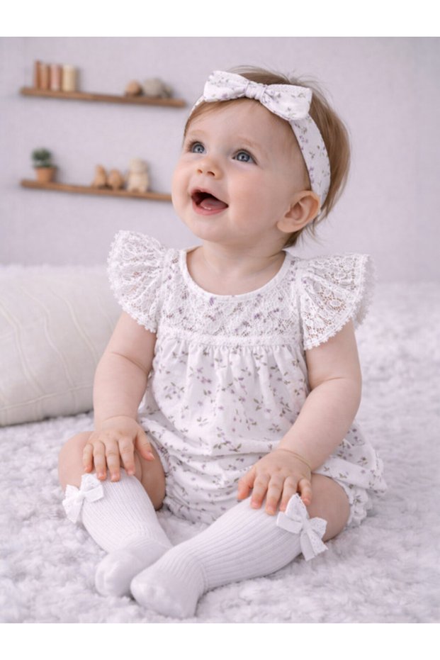 Baby Girls’ 3-Piece Woven Romper Set – Lace Yoke Floral Bubble Romper, Headband & Socks