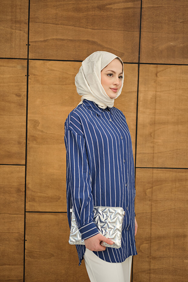 Kadın Çizgili Basic Gömlek Lacivert - 4