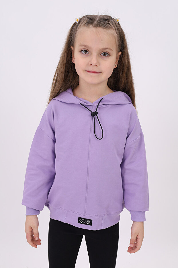 Girl's Oversized Hooded Off-Shoulder Printed Ribbed Sweatshirt - 2 Yarns