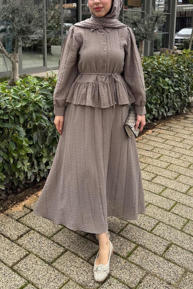 Ruffle Detailed Shirt and Gofre Skirt Two-Piece Set - Mink