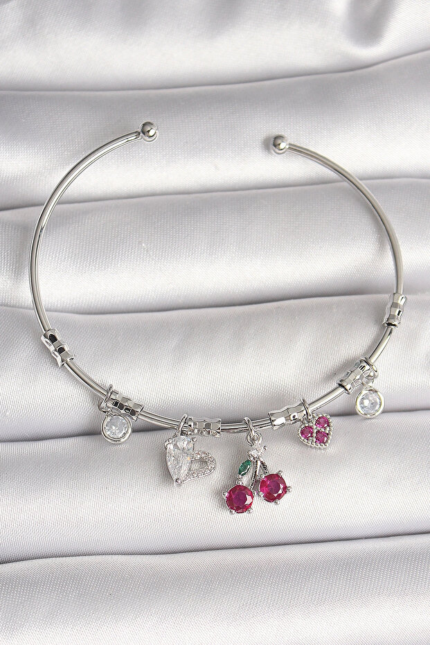Brass Silver Color Dangle Cherry Figure Heart Detail Charm Women's Bracelet