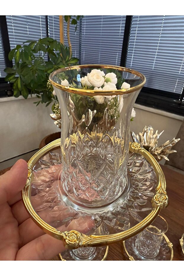 Odin Real Gold Golded Rose Frame Tea Set 12 Pieces - 6 Plates 6 Cups - Tea Set