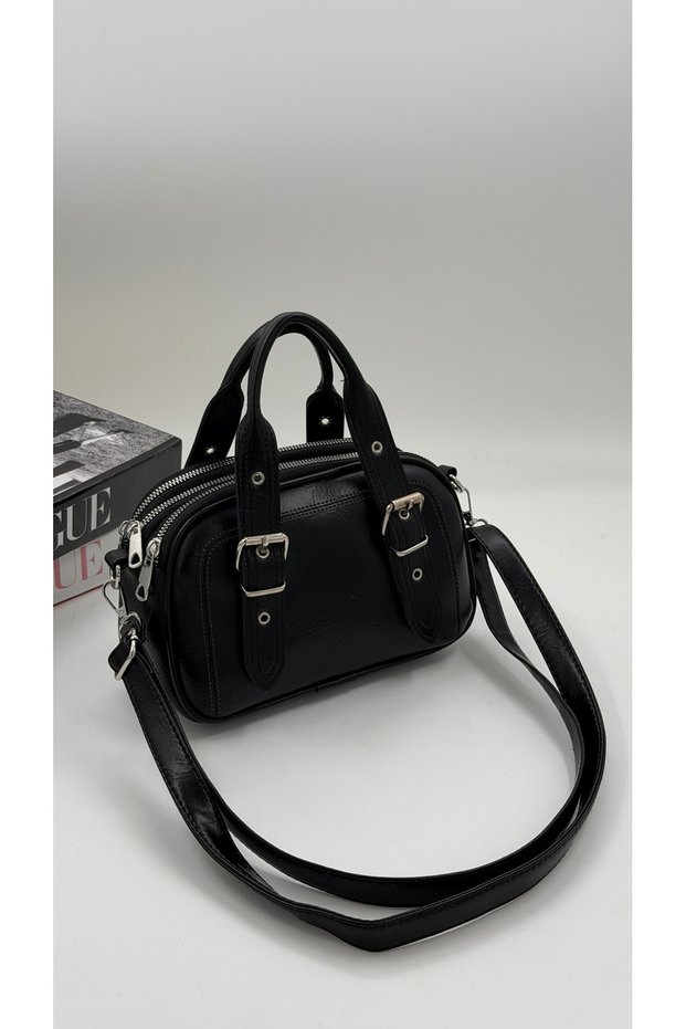Women's Hand and Shoulder Bag with Buckle Belt Detail, 3 Compartments and Long Strap