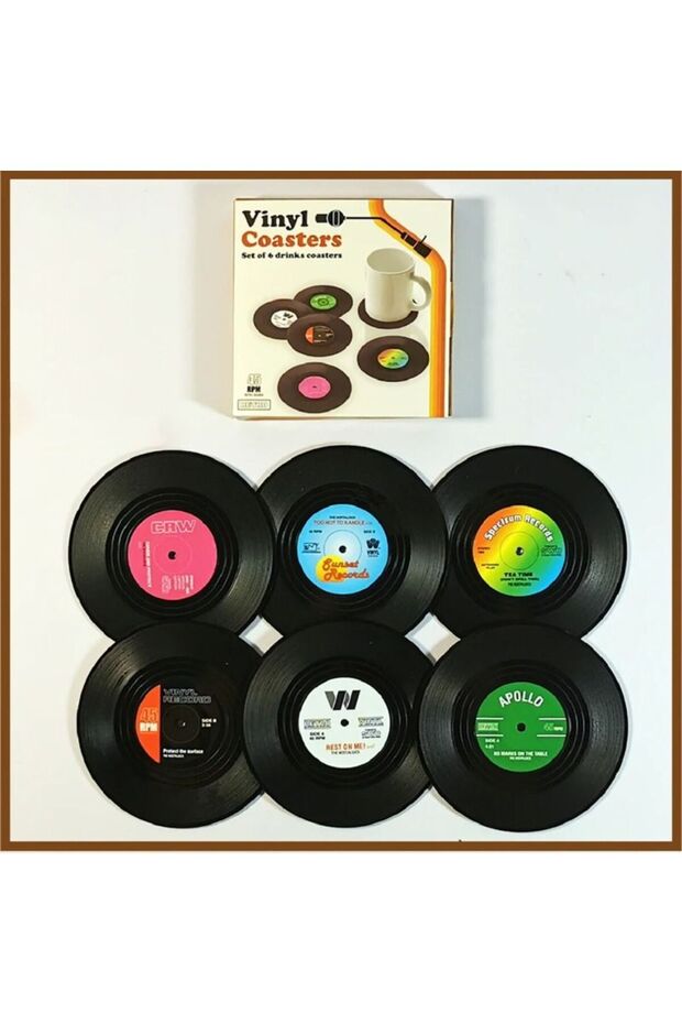 A-6PCS 2/4/6PCS Retro Vinyl Record Cup Coaster Anti-slip Coffee Coasters Heat Resistant Music Drink