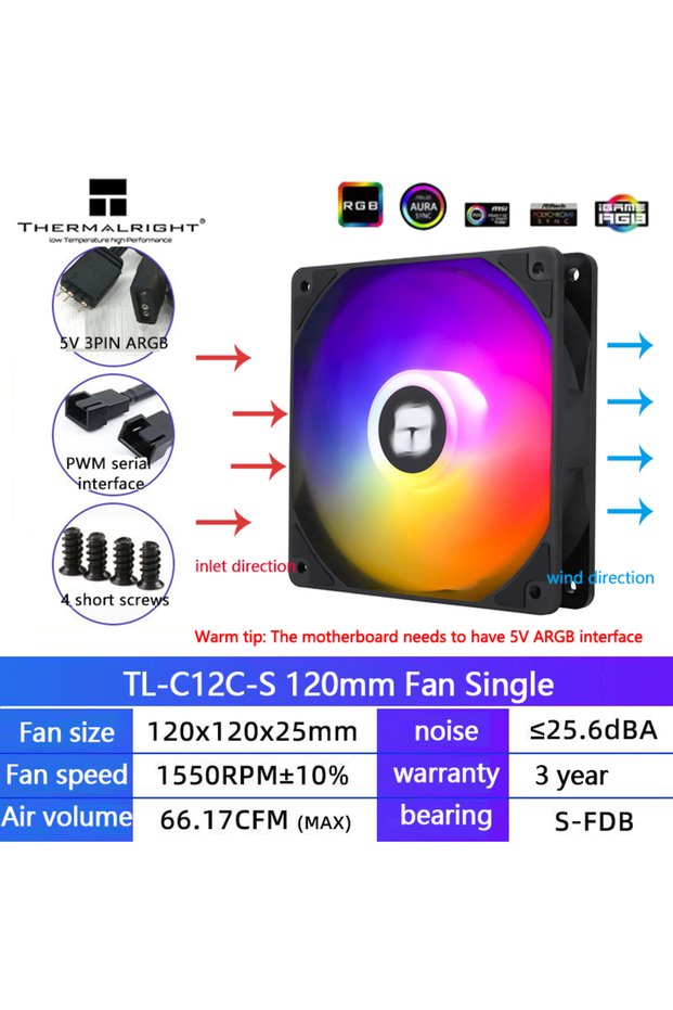 Fixed Color Other TL-C12C-S Thermalright TL-C12CW-S 120mm Fan 1550RPM Quiet S-FDB Bearing 5V 3PIN AR