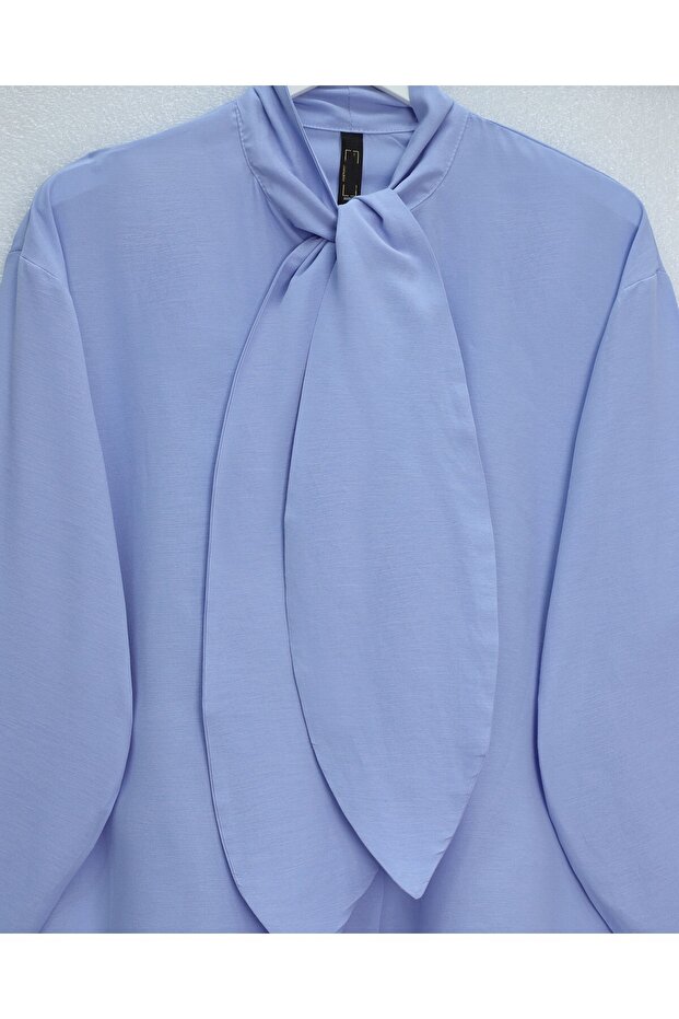 Fularlı Düğmeli Oversize Gömlek - Bebe Mavi - 5