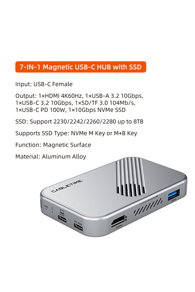 7 in 1 HUB CABLETIME 7-in-1 USB C Hub with NVMe SSD Support 4K ProRes Video Recording SD/TF 3.0 Stro