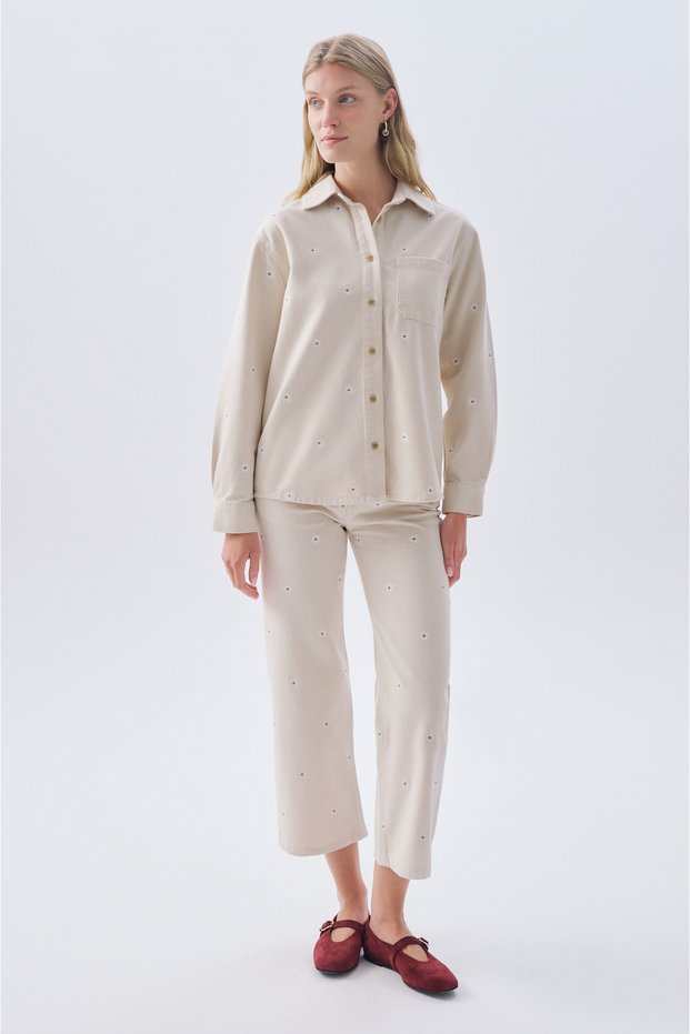 Women's Beige Color Floral Embroidered Straight Fit Trousers