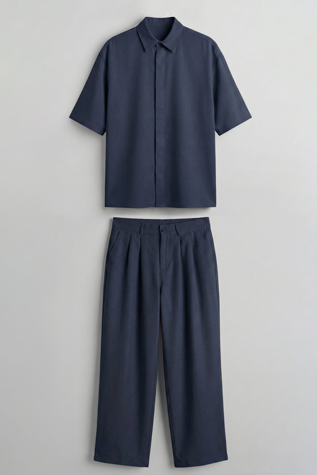 Men's Oversize Breathable Shirt and Pants Two-Piece Set Navy Blue