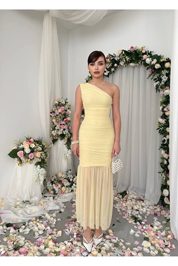 Tek Omuz Drapeli Tül Elbise - 2