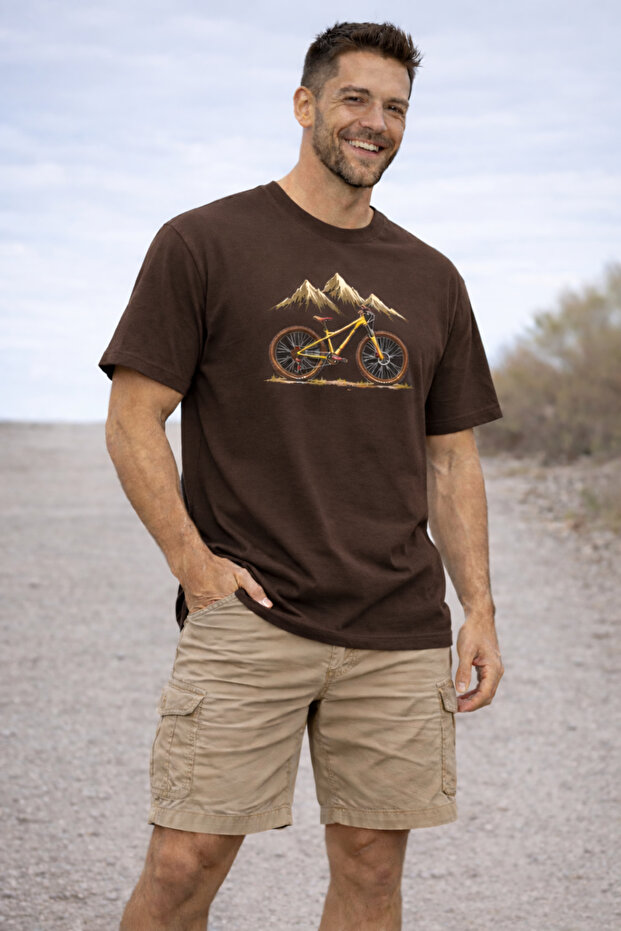 Mountain and Bicycle Printed Cotton Relaxed Fit Round Neck Unisex T-Shirt