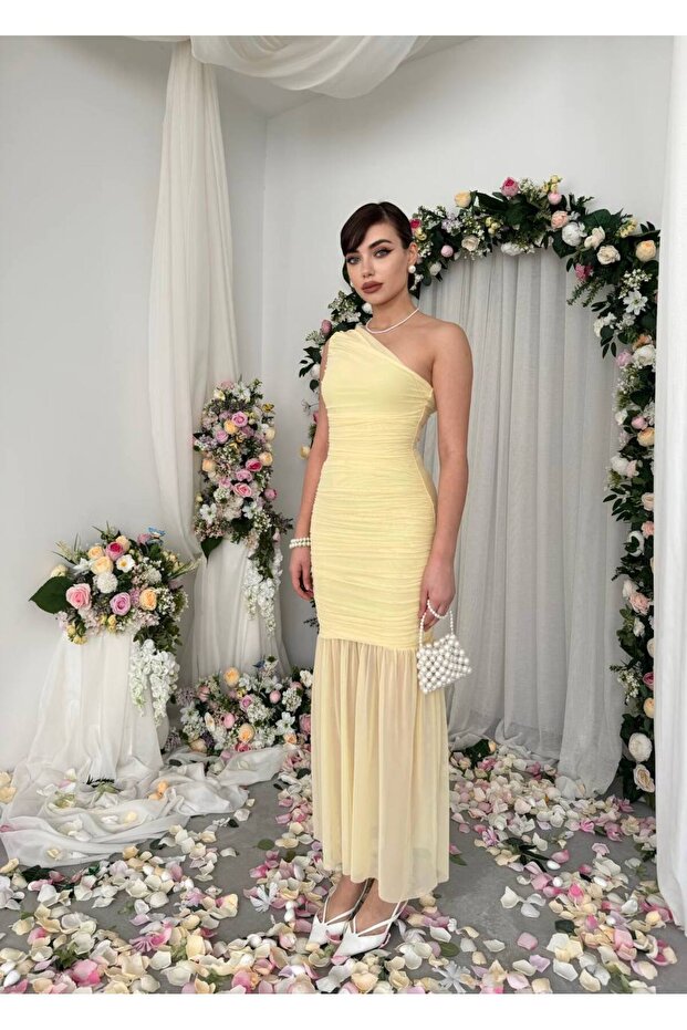 Tek Omuz Drapeli Tül Elbise - 1