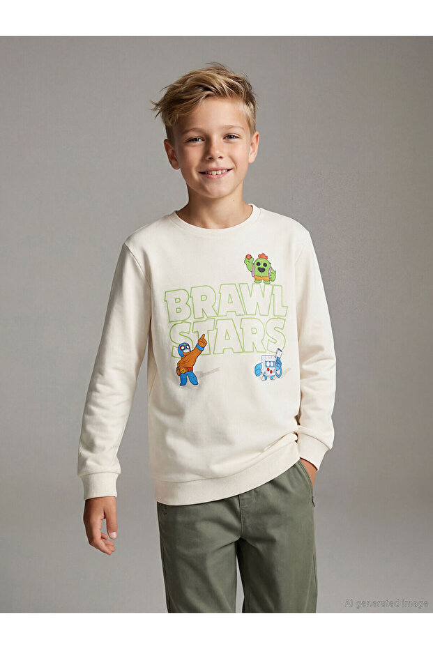 Beige crew neck brawl stars printed boys' sweatshirt from gülüs gi̇yi̇m