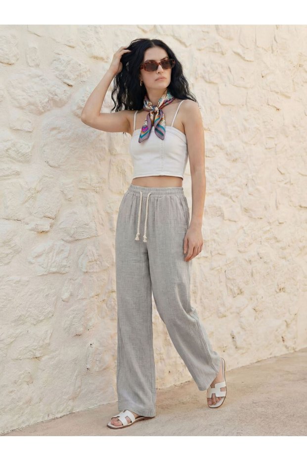 Gray Women's Muslin Palazzo Pants Wide Leg High Waist