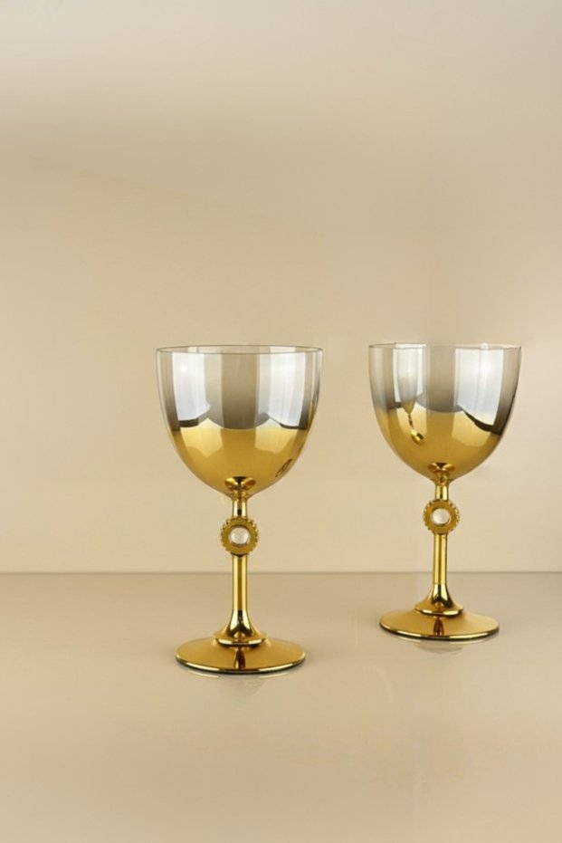 Ayça Series Set of 6 Glass Titanium Coated Luxury Stemmed Modern Goblets - Stylish Party Cocktail Glasses