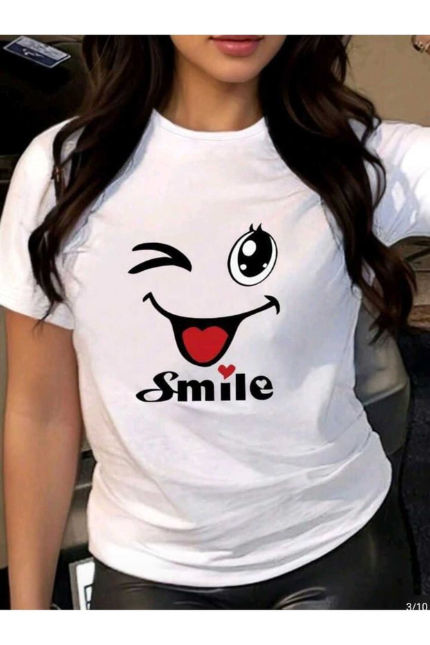 Cartoon Print Crew Neck White Short Sleeve T-Shirt for Women for Daily Wear