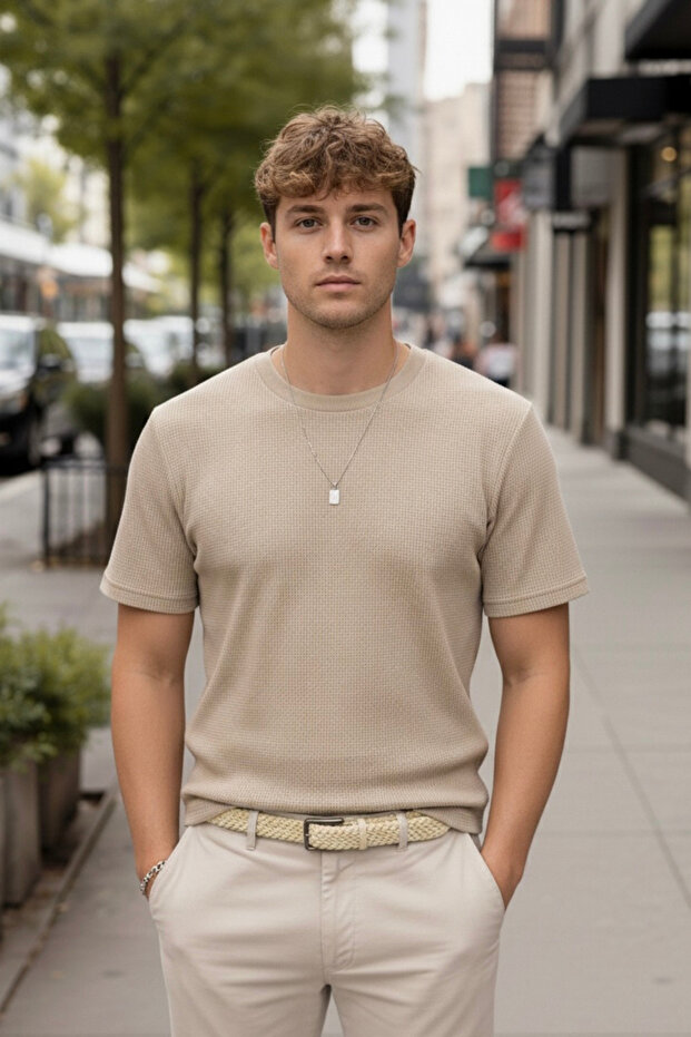 Men's Trend Cotton Waffle Fabric Beige T-Shirt