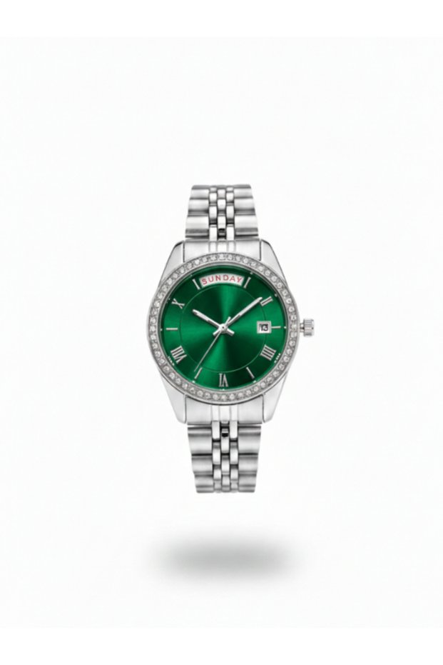 Women's Steel Band Stone Bezel Classic Wristwatch with Day and Date Display