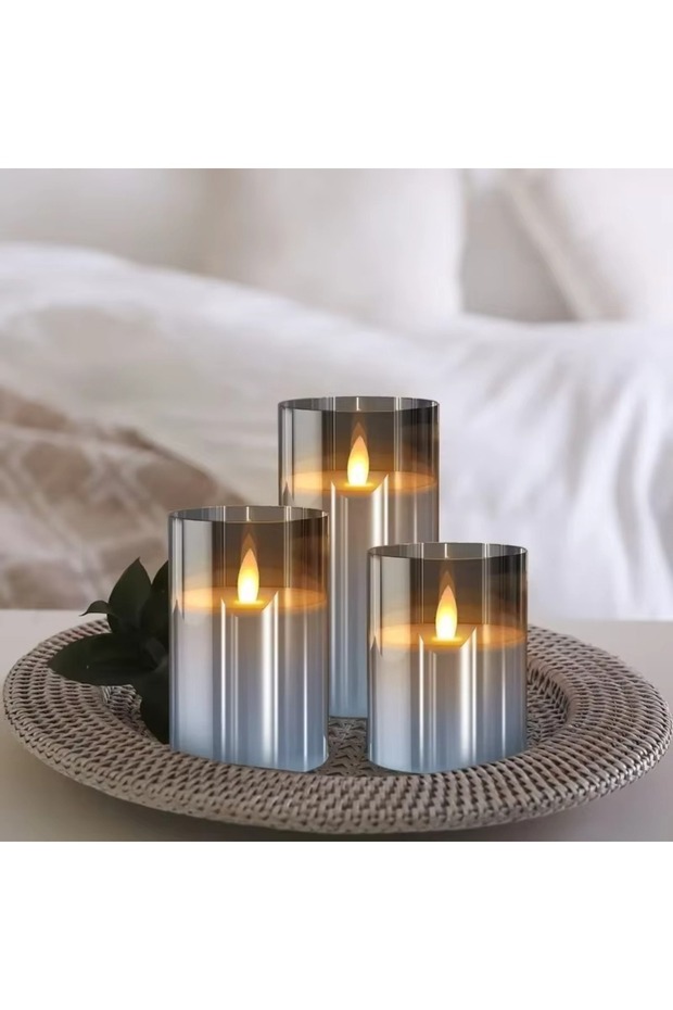 Set of 3 LED Flameless Glass Candles with Dancing Artificial Flames – Grey