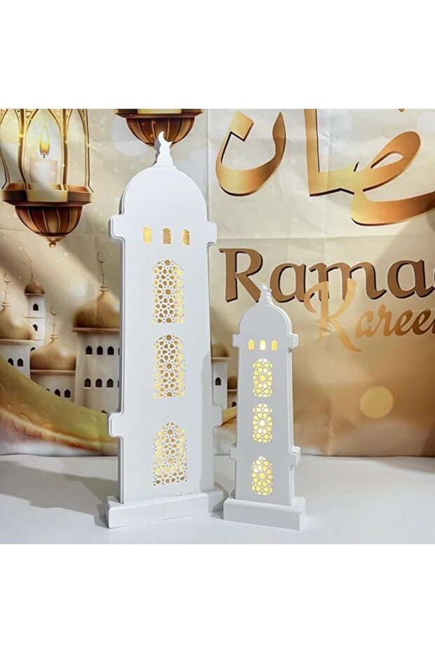 Elegant Wooden LED Mosque – Gold Dome, Battery Operated, 2-Piece Set, Ramadan & Eid Decor
