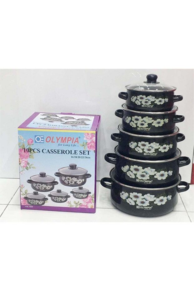 Enamel Coated 10 Piece Casserole Set with Lids, Decorative Floral Style, Even Heating Cookwa