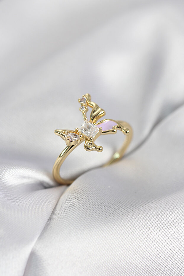 Gold Color Butterfly Model Zircon Stone Women's Ring - Ebj260214W39733