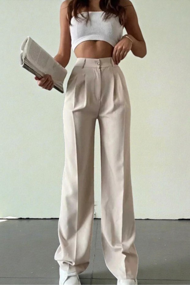 Mirella Cream High Waist Fabric Trousers with Front Pleat Detail
