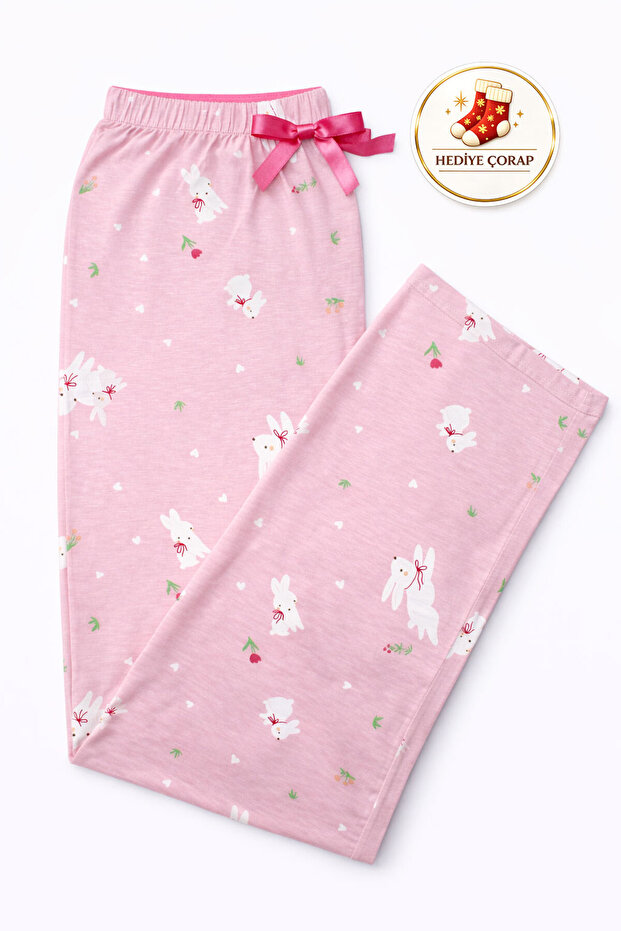 Cute Rabbit Patterned Pink Women's Pajama Bottoms | Ultra Comfortable Fit | M-3Xl | High Waist
