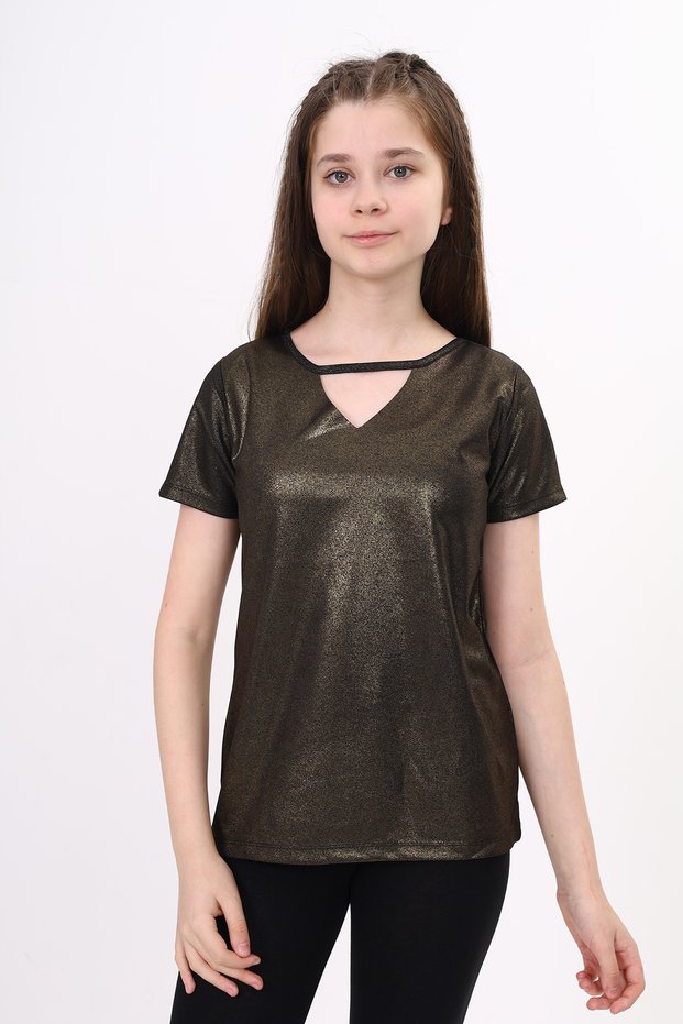 Girl's Glittery V-Neck Short Sleeve T-Shirt