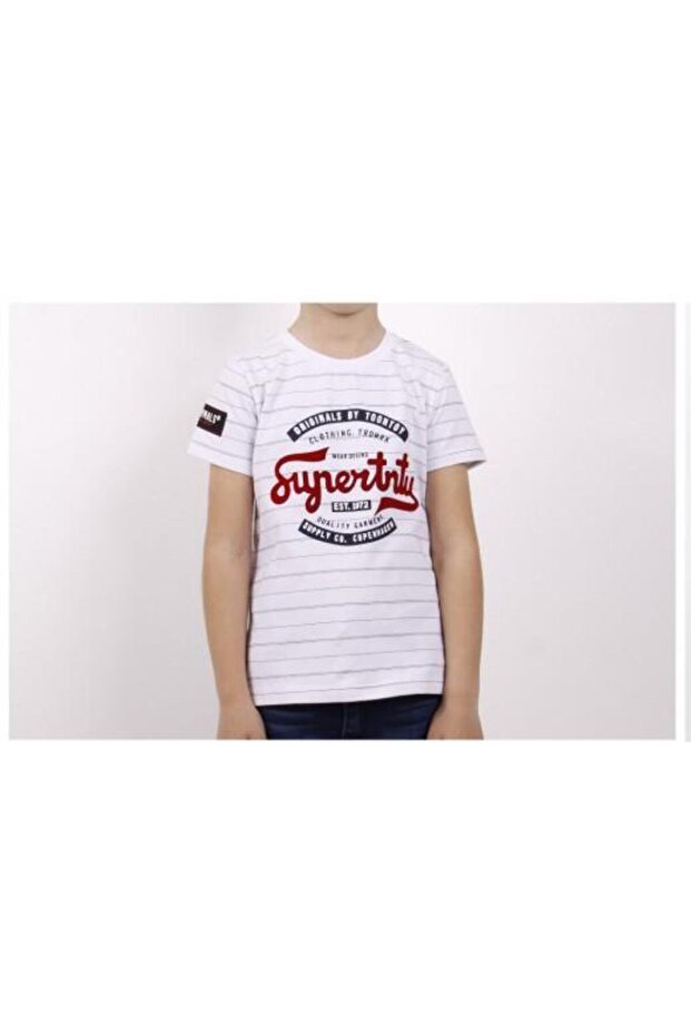 Boy's Printed Crew Neck Short Sleeve Striped T-Shirt - Slit Design