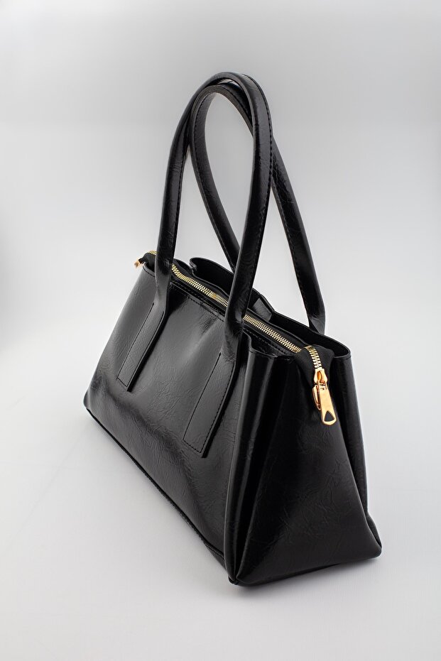 Women's Black Patent Leather Hand, Arm, and Shoulder Bag with 3-Compartment Zipper and Magnetic Closure (Marteniçka Bracelet Is a Gift!) !))