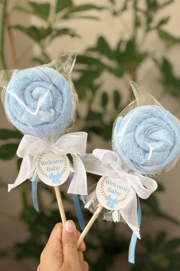 5 Pieces Baby Gift Lollipop-Looking Towel Blue Welcome Baby with English Writing