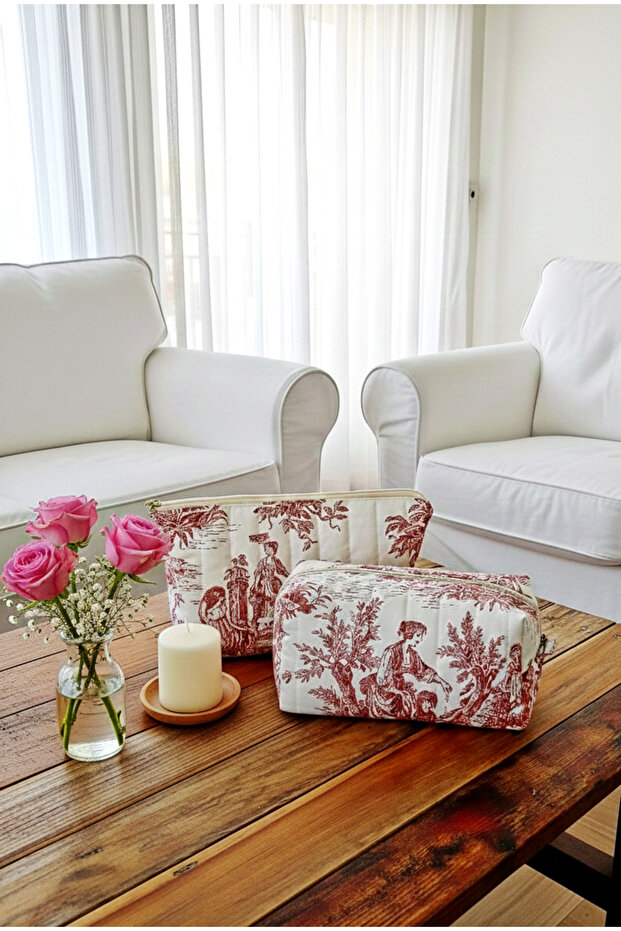 Red Toile Patterned Double Makeup Bag Set – Lined Zippered Cosmetic & Travel Organizer