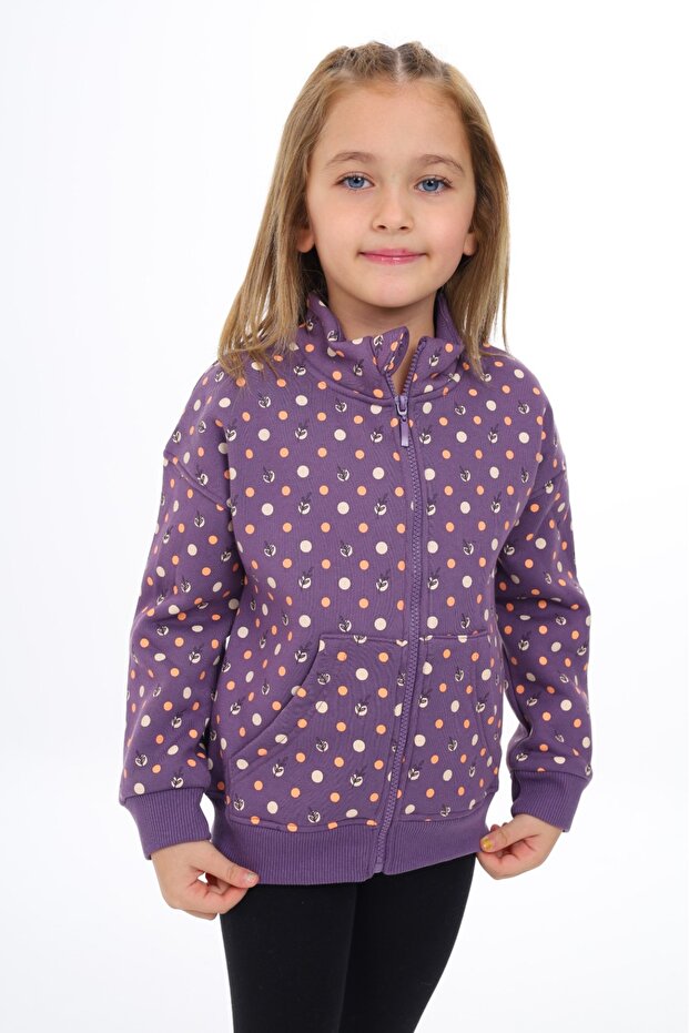 Girl's Mock Neck Zippered Pockets Off Shoulder Printed Knitted Cardigan - 2 Thread Raised