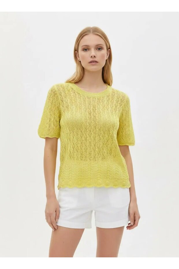 Women's Crew Neck Openwork Soft Textured Knitwear Sweater 8718Sw