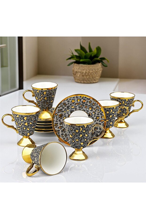 Kosova Porcelain 6-Piece Footed Leopard Cup Set – Stylish Coffee Set with Gray & Gold Detailing 90 Cc