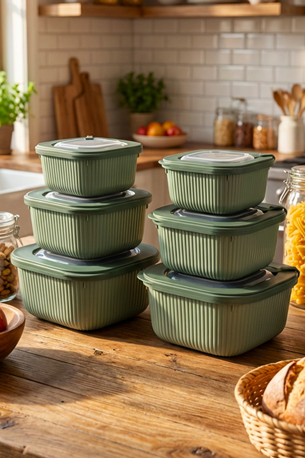 Set of 6 Square Green Storage Containers – 2 X (1750 1050 600) Suitable for Microwave and Deep Freezer