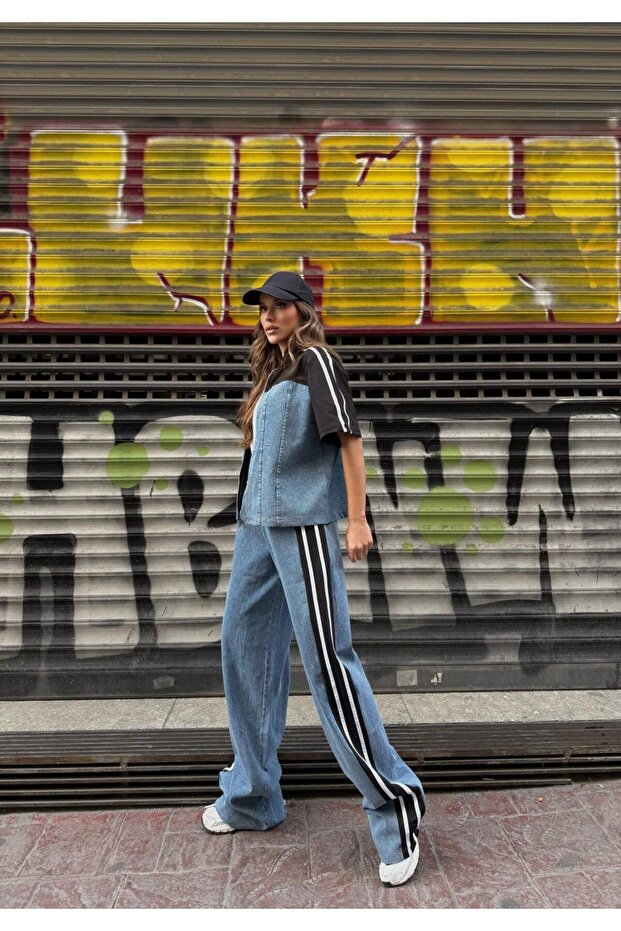 Women's Denim Detailed Zippered Short Sleeve Striped Denim Tracksuit Set