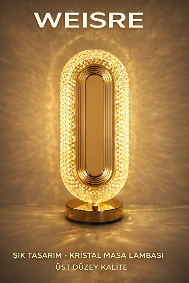 Weisre Kristal LED Masa Lambası Dokunmatik 3 Mod USB Şarjlı Gold Abajur Gece Lambası