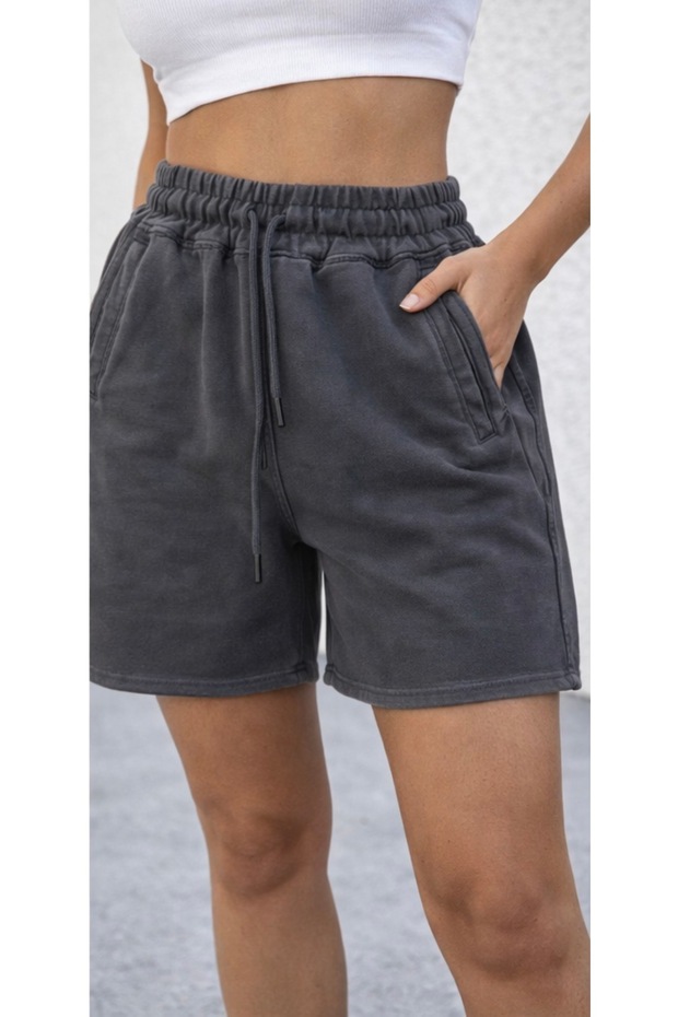 Kadın Pamuklu Diz Üstü Antrasit Şort - 1