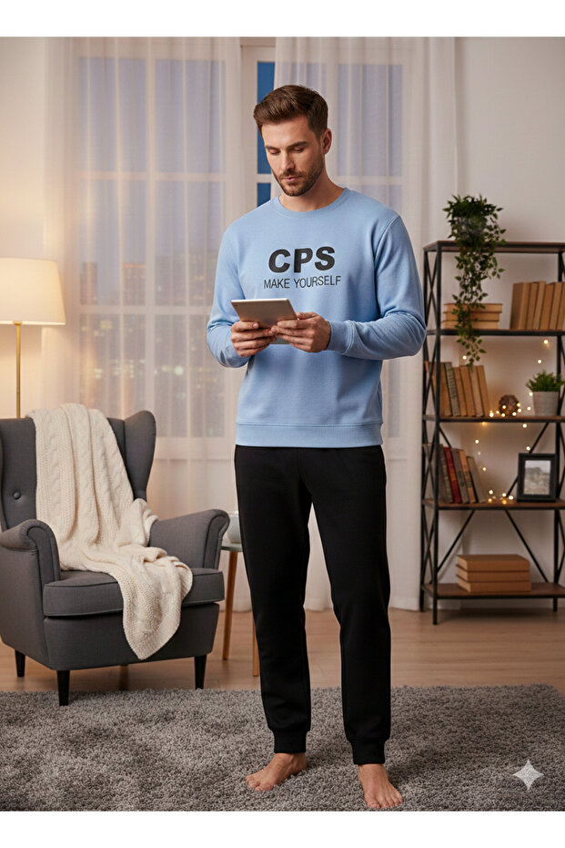Men's Blue Combination Long Sleeve Fleece Plush Winter Warm Pajama Set