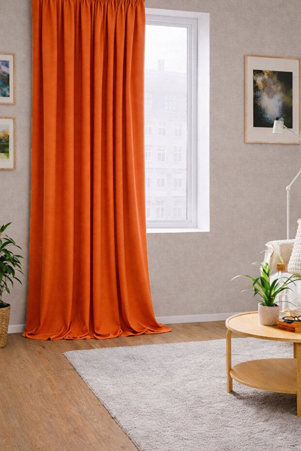 Brick Color Honeycomb Velvet Textured Exrafor Gathered Background Curtain Single Panel