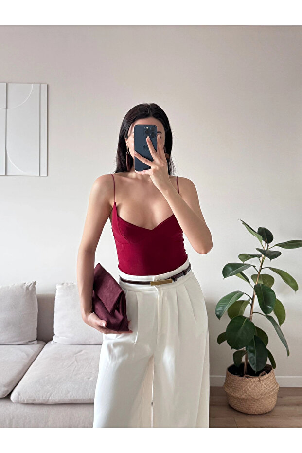 Askılı Basic Bodysuit - BORDO - 4