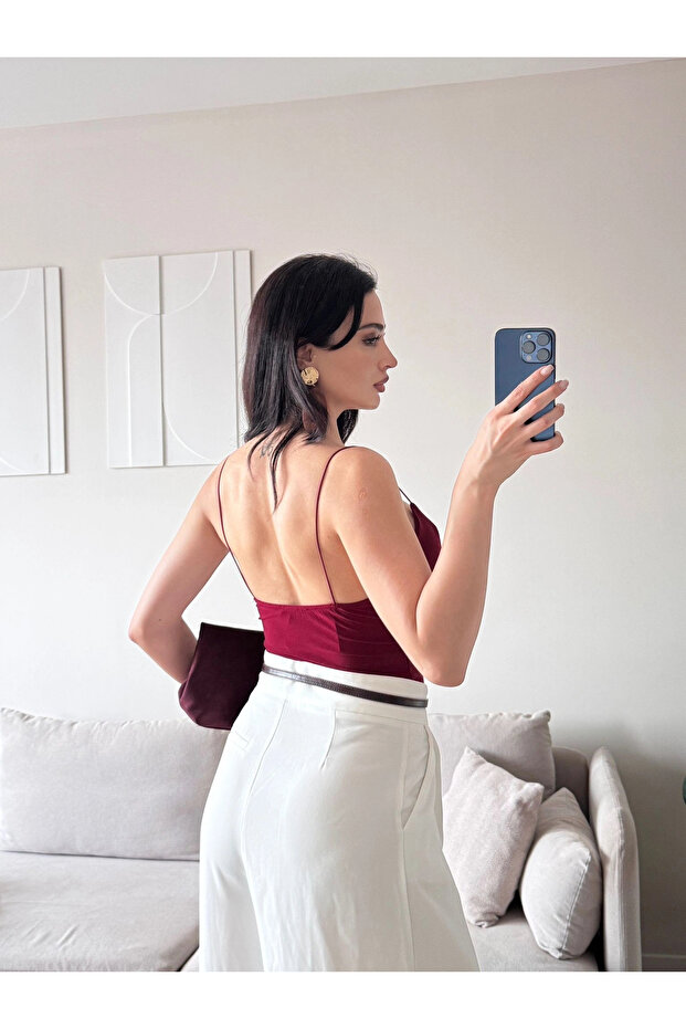 Askılı Basic Bodysuit - BORDO - 3