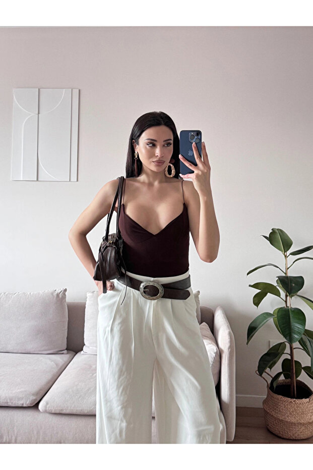 Askılı Basic Bodysuit - KAHVE - 1